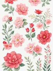 Behang Beautiful red flowers pattern art with white background. Ai art © Missaka