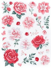 Beautiful red flowers pattern art with white background. Ai art