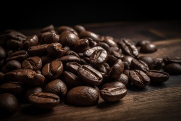 Coffee beans on wooden background. Close up. Generative AI