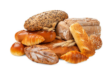 various kinds of breads isolated on white background. - obrazy, fototapety, plakaty