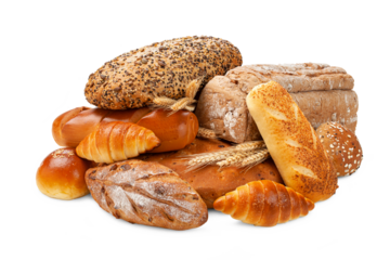 various kinds of breads isolated on white background.