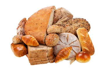 various kinds of breads isolated on white background.