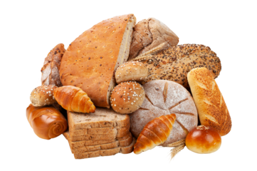 various kinds of breads isolated on white background.