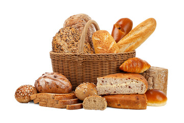 various kinds of breads in basket isolated on white background. - obrazy, fototapety, plakaty