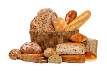 various kinds of breads in basket isolated on white background.