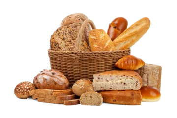 Fotobehang various kinds of breads in basket isolated on white background. © zhane luk