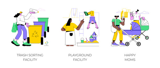 City park environment isolated cartoon vector illustrations set. Trash sorting and recycling facility, playground in the city park, happy moms walk with strollers and drink coffee vector cartoon.