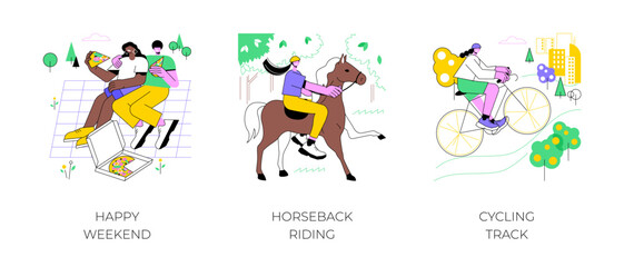 City park activities isolated cartoon vector illustrations set. Happy weekend, horseback riding, cycling track, eating pizza together, biking route, active pastime, leisure time vector cartoon.