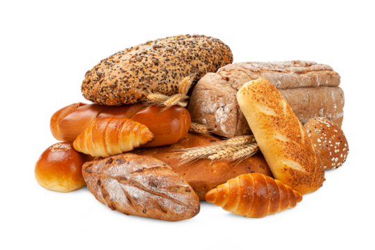various kinds of breads isolated on white background.
