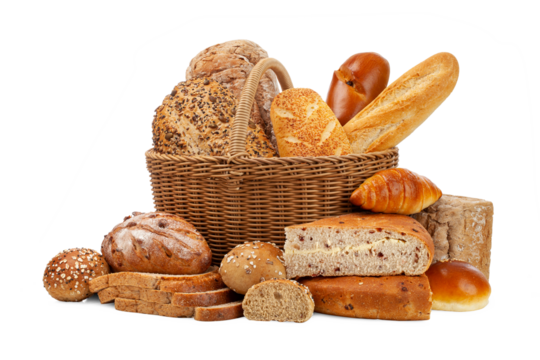 various kinds of breads in basket isolated on white background.