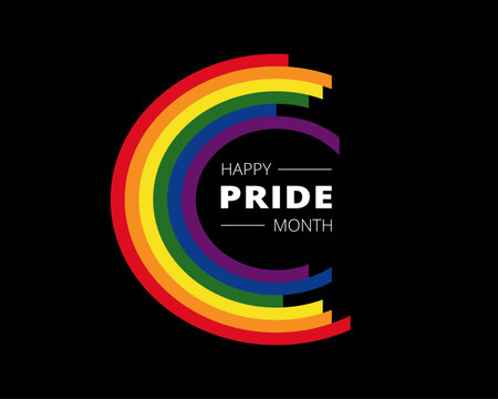 Rainbow and text on a black background: Happy Pride Month