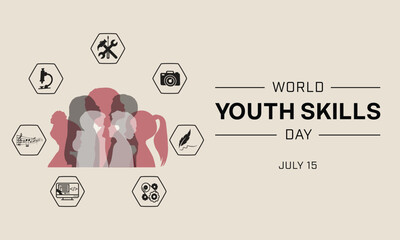 World Youth Skills Day design with a group  of youth silhouette surrounded by different type of skill. Vector illustration 