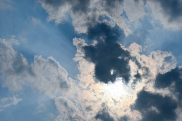 beautiful blue sky and cloud with golden ray sunrise in the morning, natural background