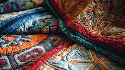 homemade Afghan patterned quilt. background texture - full frame close up of colorful crocheted traditional blanket