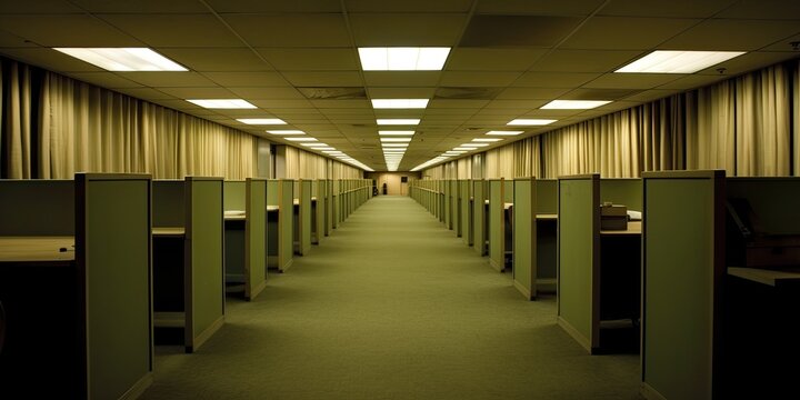 Gloomy Office Interior with Drab Cubicles