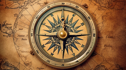 Fototapeta na wymiar Old compass on vintage map. Retro stale. Making a decision, choosing a direction