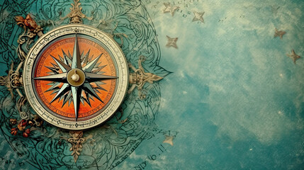Fototapeta na wymiar Old compass on vintage map. Retro stale. Making a decision, choosing a direction
