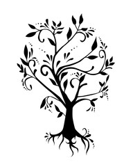 Black and white Fantasy type art of tree with leaves silhouette isolated on white background - vector illustration