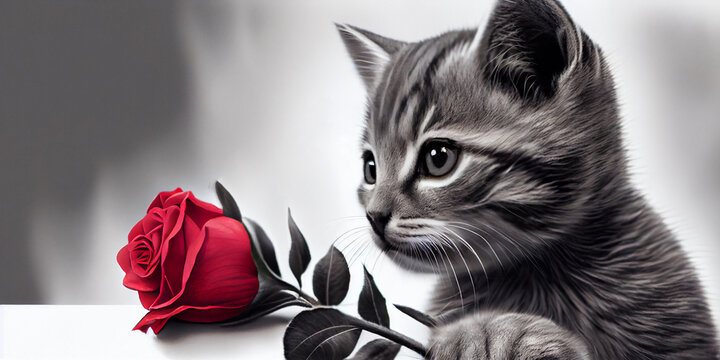 Portrait of a small kitten with a red rose flower, close-up. Generative AI