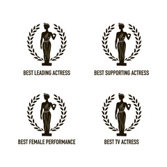 Film award best leading supporting actress nomination winner black and white vector icon set with laurel wreath