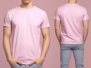 Photo realistic male pink t-shirts with copy space, front, and back view