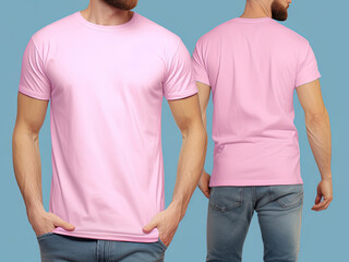 Photo realistic male pink t-shirts with copy space, front, and back view