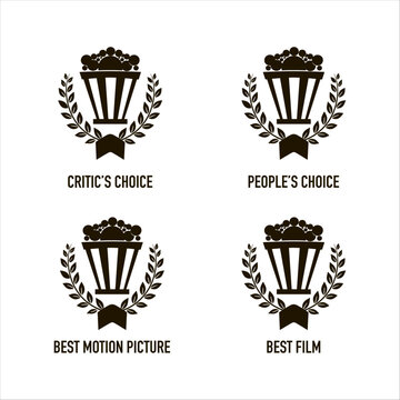 Best feature film motion picture nomination winner black and white vector emblem. People and critic choice movie award icon set with popcorn cup and laurel wreath