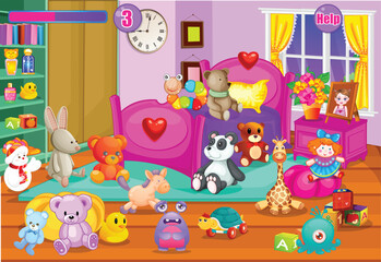 Vector girl's bedroom with lots of toys and stuffed animals
