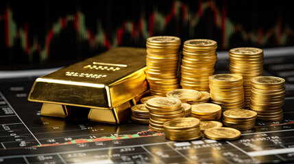 Gold trading, gold bars on fabric with stock graph chart stock market trade background, pile of gold bars financial business economy concepts, wealth and reserve success in business and finance.