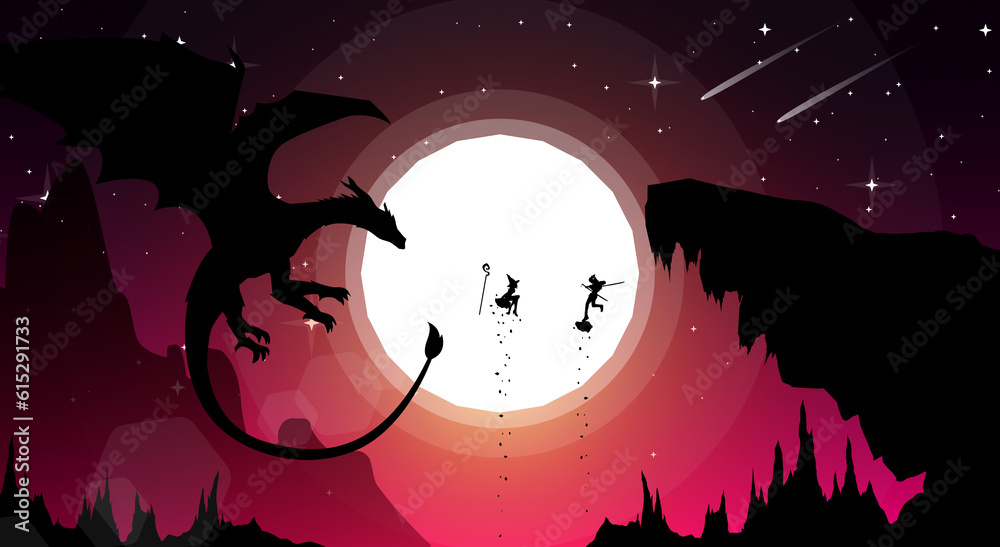 Sticker samurai anime wallpaper. samurai with witch and dragon. japanese theme walpaper. landscape fantasy wallpaper with mythological animal.