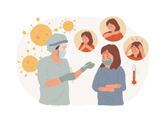 Flu symptoms isolated concept vector illustration. Flu test, virus infection common symptoms, breathing problem, fever and cough, sore throat, body aches, weakness and fatigue vector concept.