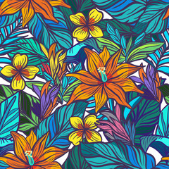 Seamless tropical pattern with flowers and leaves in doodle technique vector illustration 