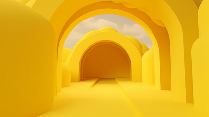 3d render, abstract minimal yellow background with white clouds flying out of the tunnel