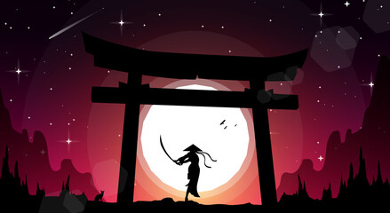 samurai girl illustration. samurai girl anime wallpaper. landscape fantasy wallpaper. japanese samurai with torii gate background. sunset fantasy background. lady fighter with sword. © riansa28