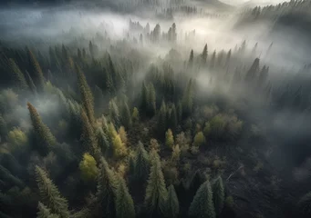 Foto auf Leinwand fog and forests from the sky, in the style of rustic scenes, photorealistic pastiche © Tn