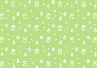 背景　花と葉のパターン　緑背景