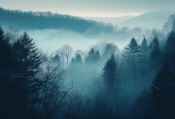 fog smoggy forest in foggy woods with mountains and trees, in the style of light cyan and navy