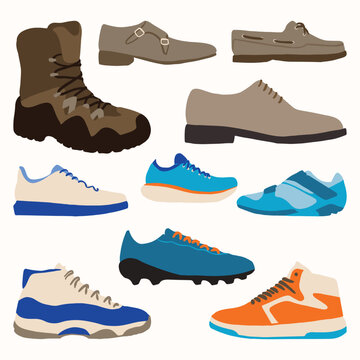 Set of Men Footwear and Shoes Type Cute Hand Drawn Illustration