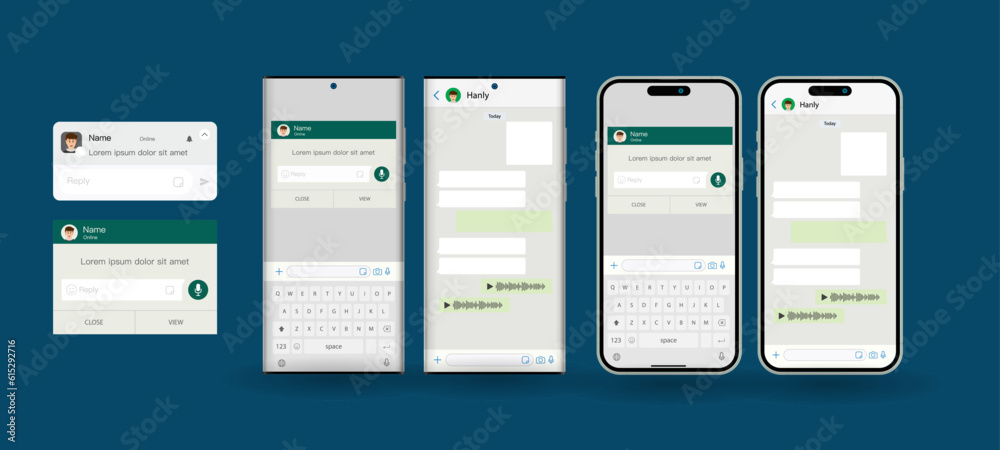 Poster Concept of a pop-up message on messenger shows a mobile screen with a chat dialogue box displaying text messages exchanged between two users. Vector.