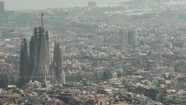 sunny day barclelona city famous cathedral area construction aerial panorama 4k spain