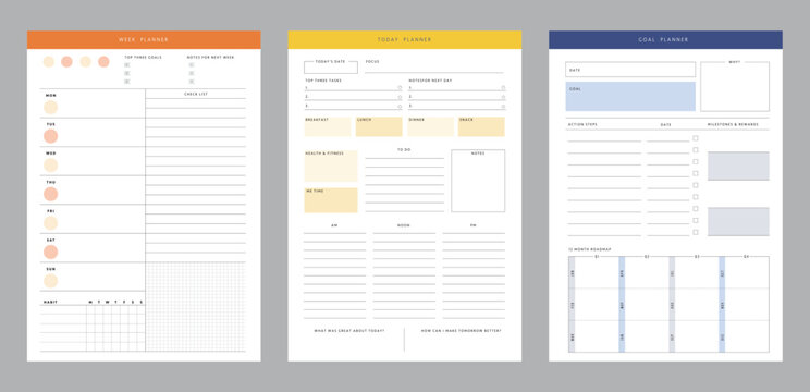set of Week planner. Minimalist planner template set. Vector illustration.	 