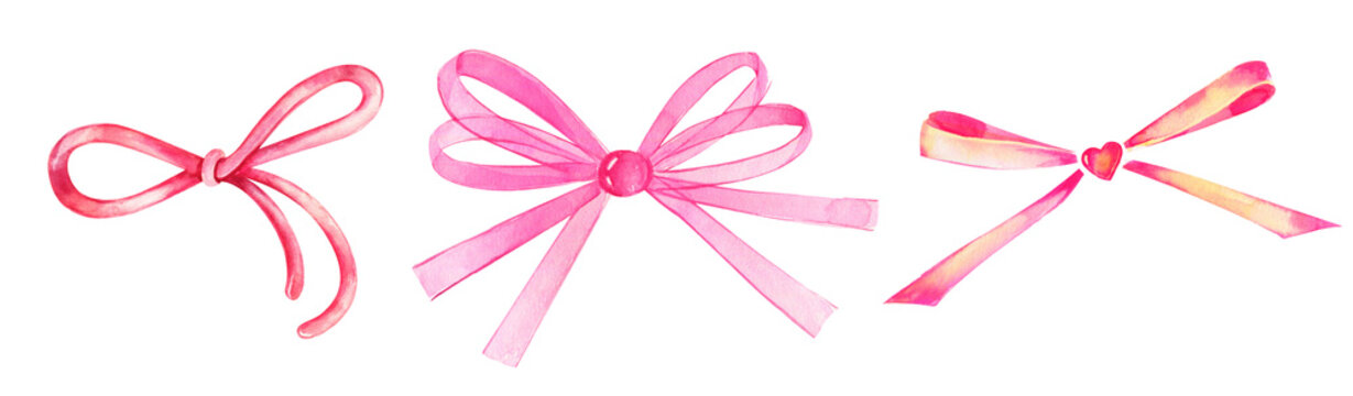 Clipart pink cute bows, watercolor illustrations. Pink bow set.