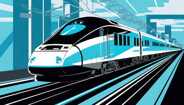 High-speed train on the background of the urban landscape. illustration art, generative AI image.
