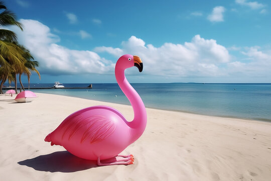 A pink inflatable flamingo on the shore on the beach. Generative AI.