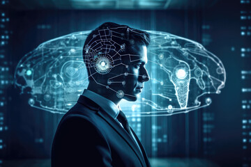 Businessman Analyzing Data In Head Holographic Technology Mapping of the Mind Learning Futuristic Generative AI 