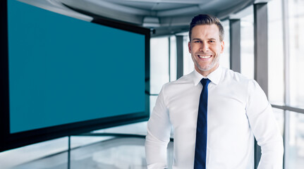 Business Man Executive Introducing a Modern Tech Startup in front of a TV Banner Introduction Mockup Advertisement Template. AI Generative