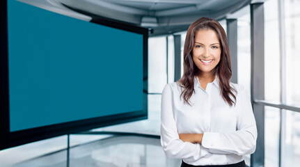 Business Woman Executive Introducing a Modern Tech Startup  in front of a TV Banner Introduction Mockup Advertisement Template. AI Generative