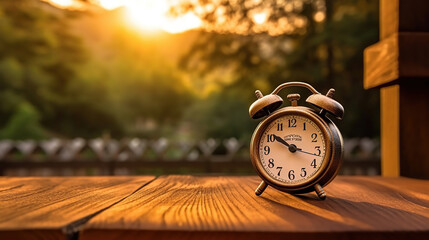 Clock on wood in the morning, blurred nature background. Generative Ai