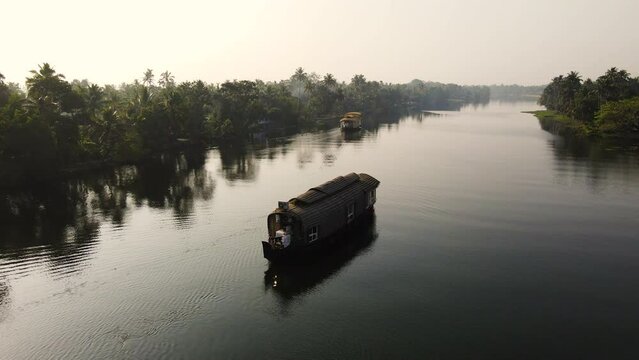 Kerala Houseboat Tour During Sunrise In Alleppey, Kerala, India. Aerial Shot