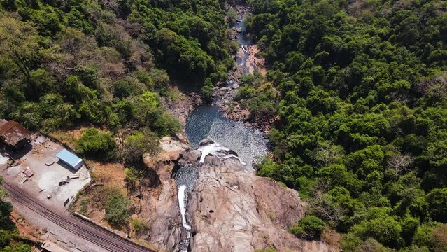 Aerial Drone View Of  The Enticing Dudhsagar Falls In South Goa, India. 